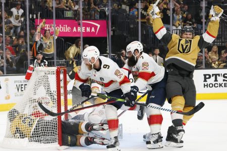 Michael Amadio of the Knights scores a goal against the Panthers.