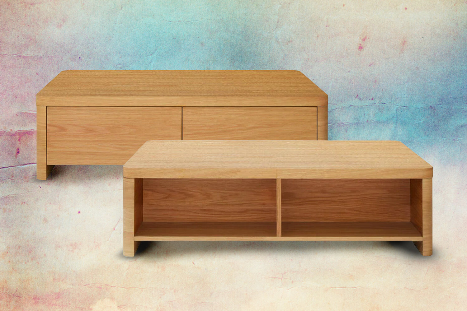 Two photos of a handsome coffee table superimposed on a colorful background.