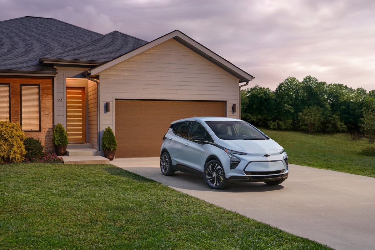 2023 Bolt EV front three-quarter backed-in on a residential driveway