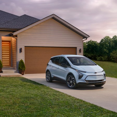 2023 Bolt EV front three-quarter backed-in on a residential driveway