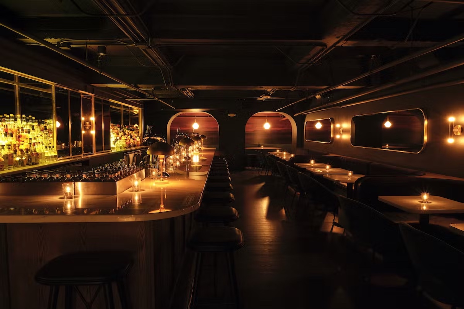 A dimly lit bar room