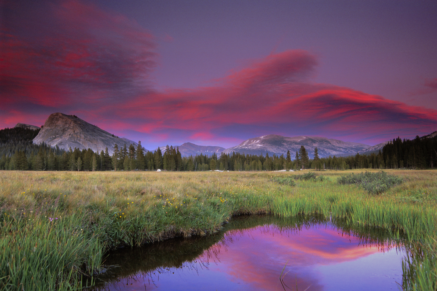 Lembert Dome and stream at sunset, Tuolumne Meadows, Yosemite National Park, California, USA
