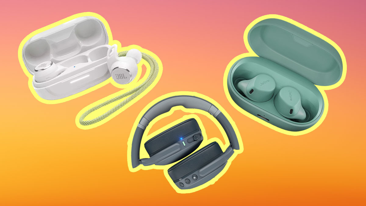 Wireless gym headphones on an orange and pink background