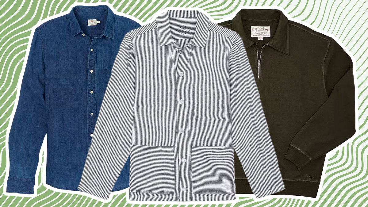a collage of items from the Huckberry Summer Sale on a green stripe background