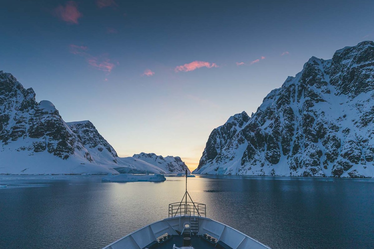 An expedition ship cruising the Antarctic peninsula