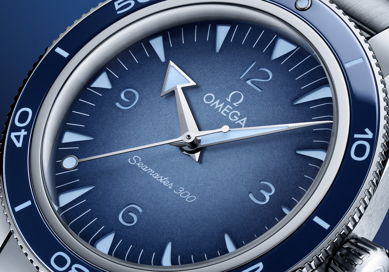 Up-close shot of watch face that's silver and blue.