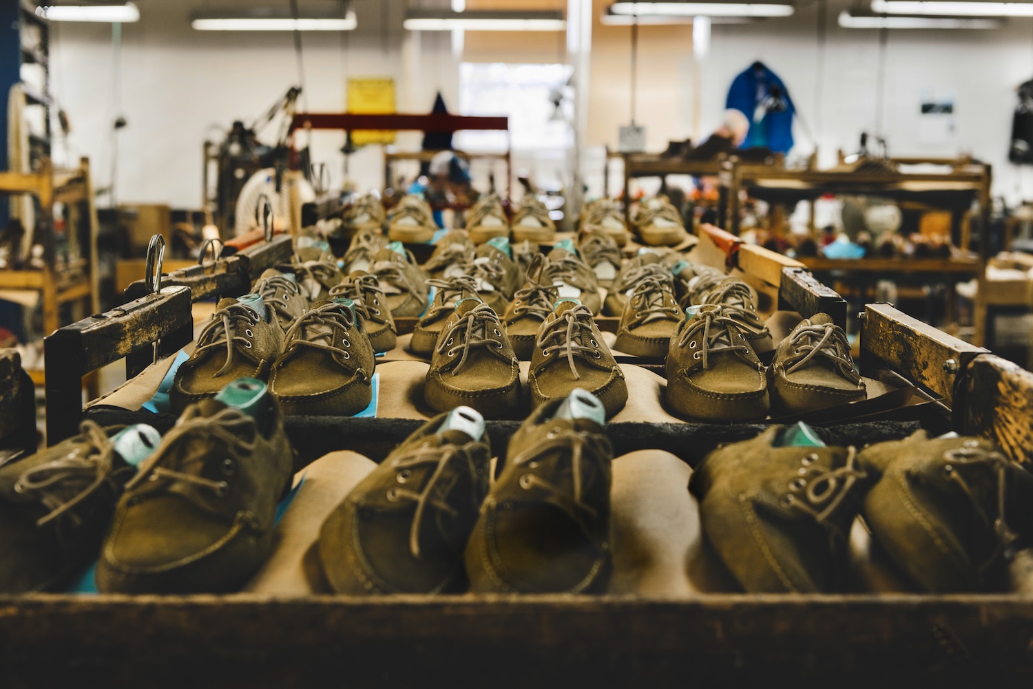 Rows of many pairs of Rancourt loafers.