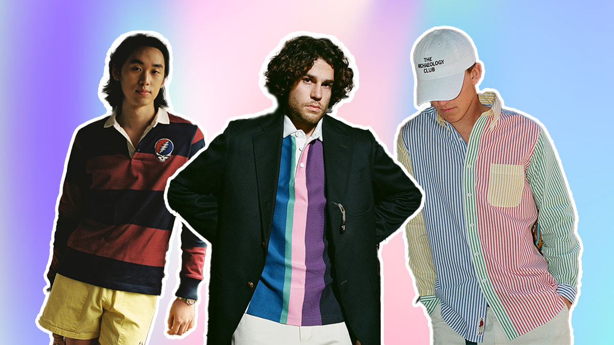 Preppy Ivy Style lookbook cutout images from the brand Rowing Blazers on an abstract pink background