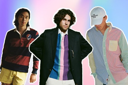 Preppy Ivy Style lookbook cutout images from the brand Rowing Blazers on an abstract pink background