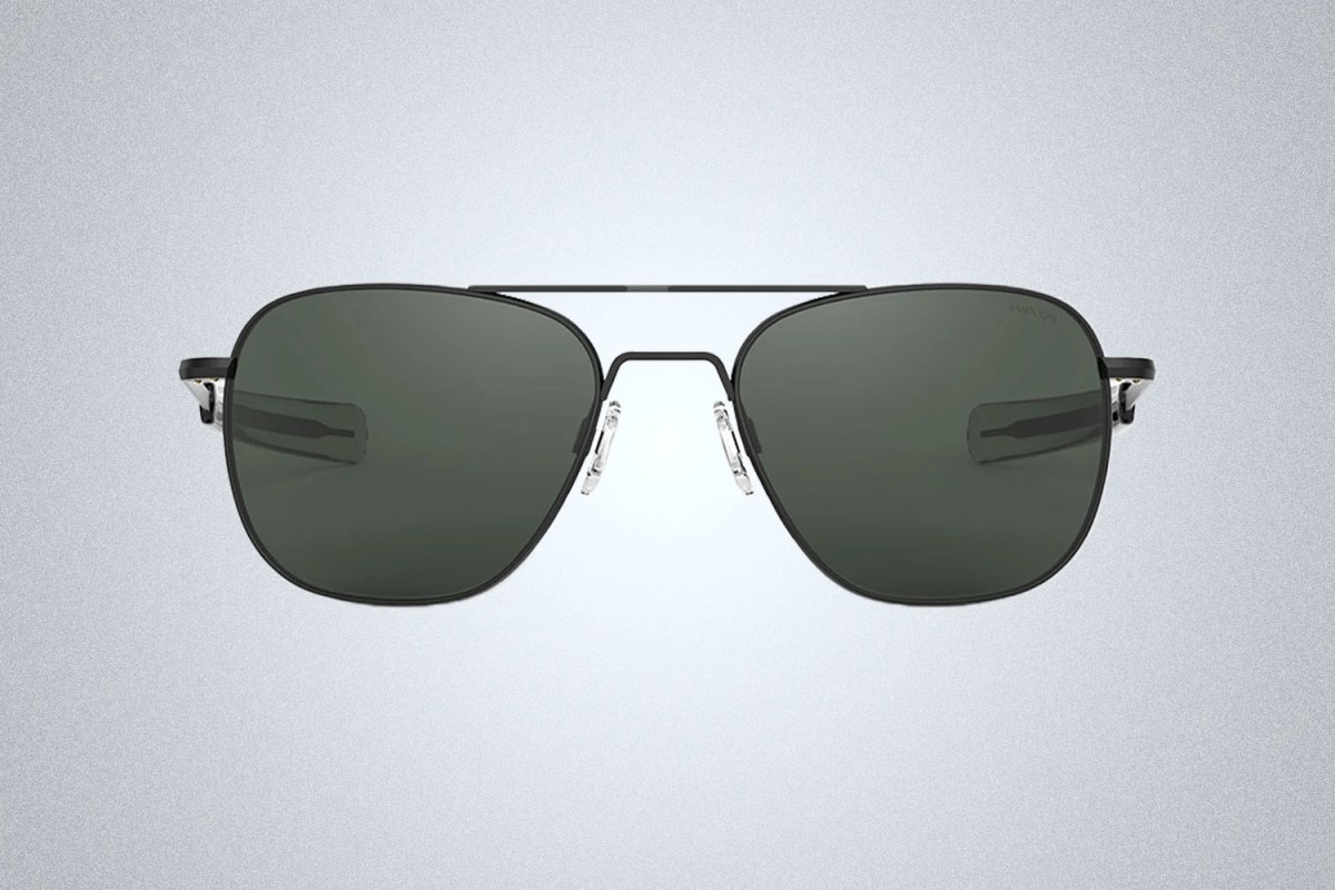 a pair of silver Randolph x Todd Synder Aviators on a grey background
