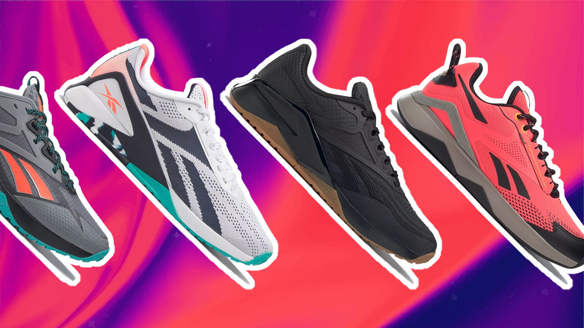 a collage of shoes from the Reebok Nano Sale on a gradient background