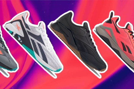 a collage of shoes from the Reebok Nano Sale on a gradient background