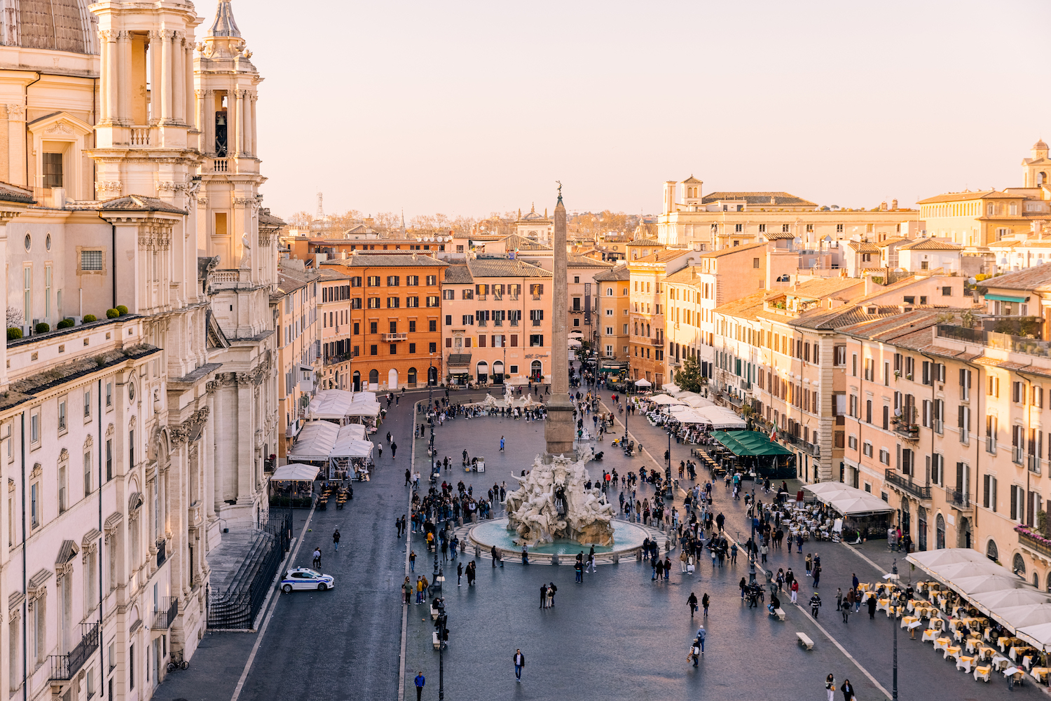 Rome skyline and Piazza Navona at sunset seen from above, Lazio, Italy.