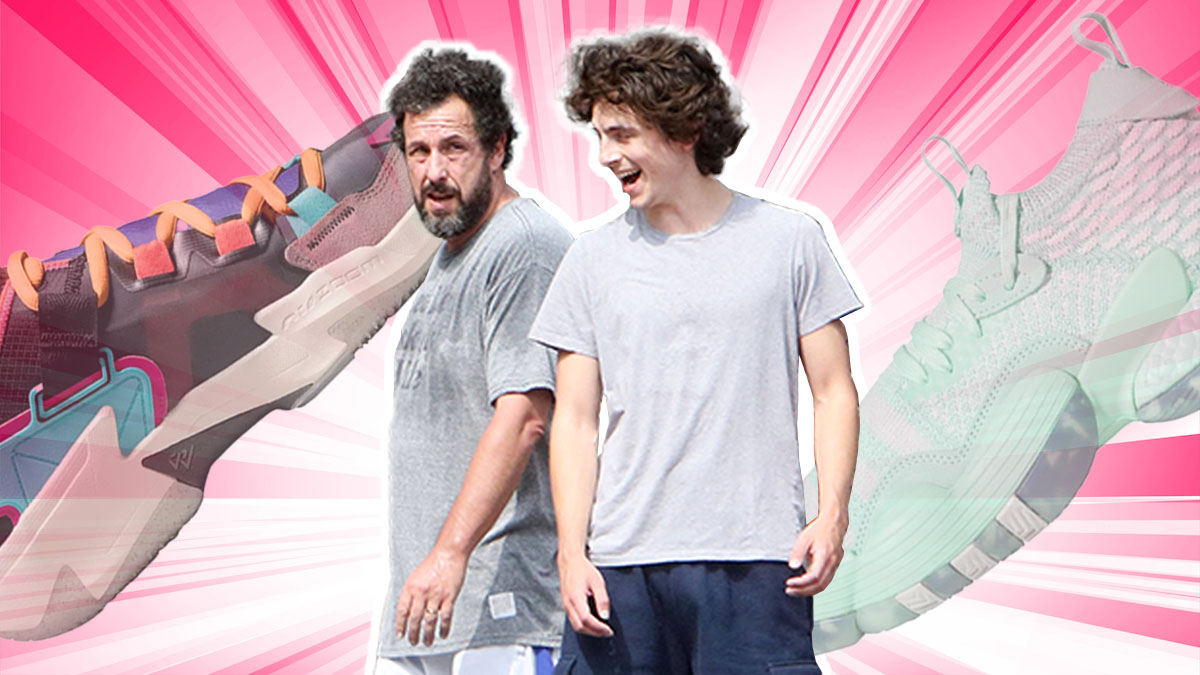 a photo of Timothee Chalamet and Adam Sandler on a pink background