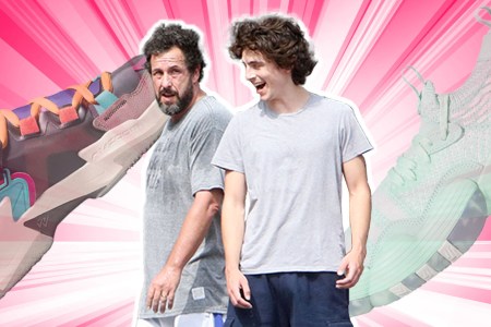 a photo of Timothee Chalamet and Adam Sandler on a pink background