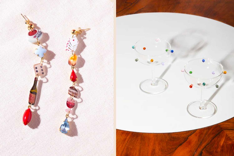The best unique gifts for women include the The After Party Earrings Set from Big Night and Maison Balzac Dot Coupe glasses