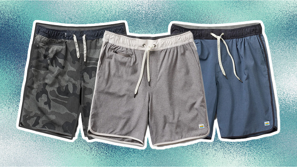 a collage of the Vuori Banks Short on a blue tonal background
