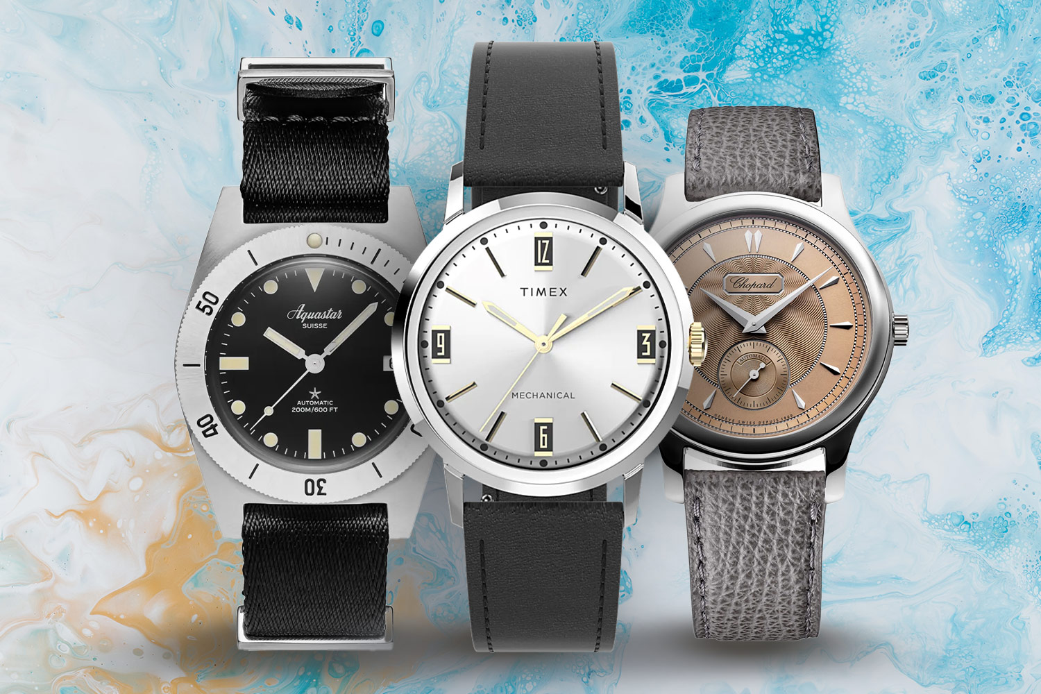 Black and silver watch; black, white and gray watch; and gray and brown watch.