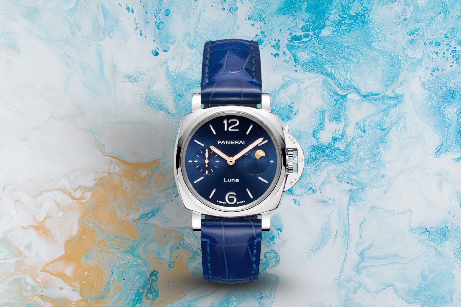Blue, silver and gold watch