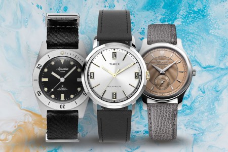 Black and silver watch; black, white and gray watch; and gray and brown watch.