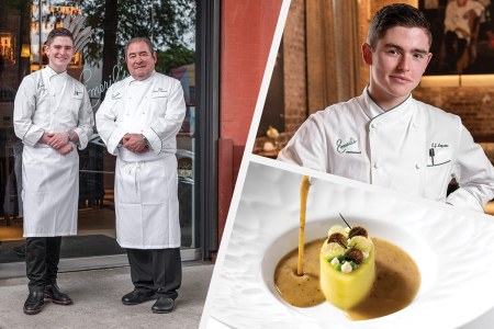 ej and emeril lagasse in front of their new orleans restaurant