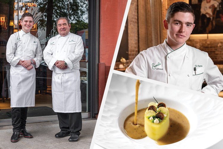 ej and emeril lagasse in front of their new orleans restaurant