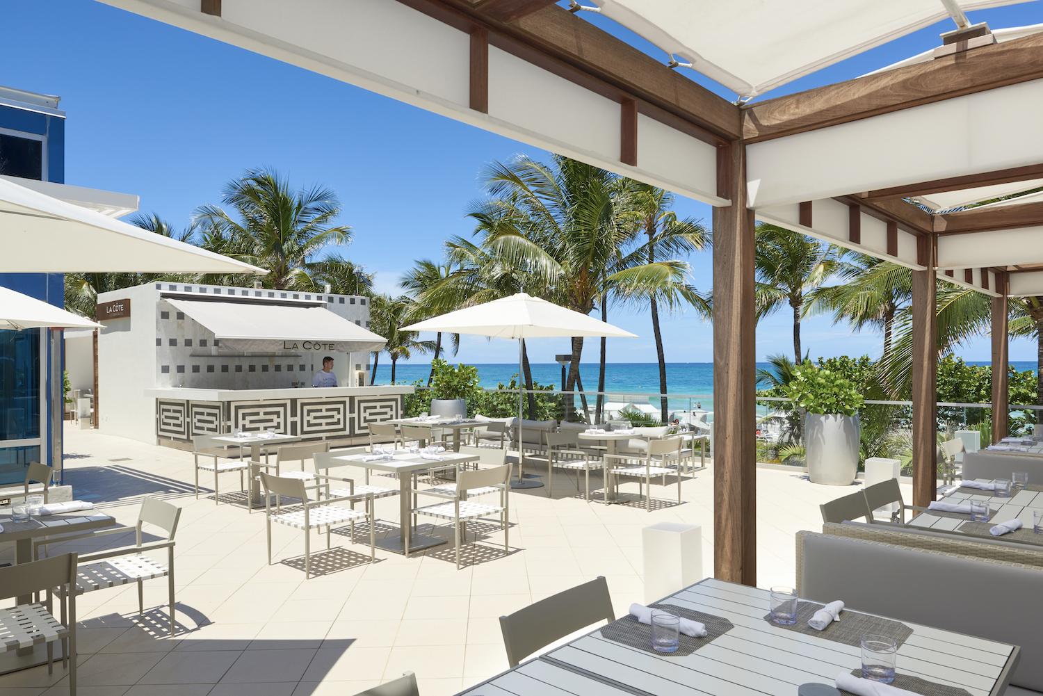 Patio area at a restaurant alongside the beach. miami best restaurants with a view