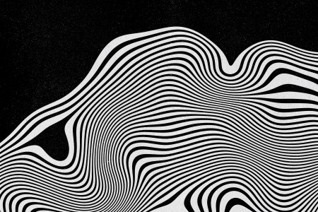 A trippy design of wavy white lines against a black background.