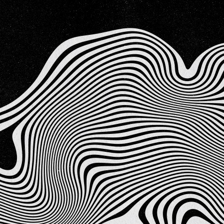 A trippy design of wavy white lines against a black background.