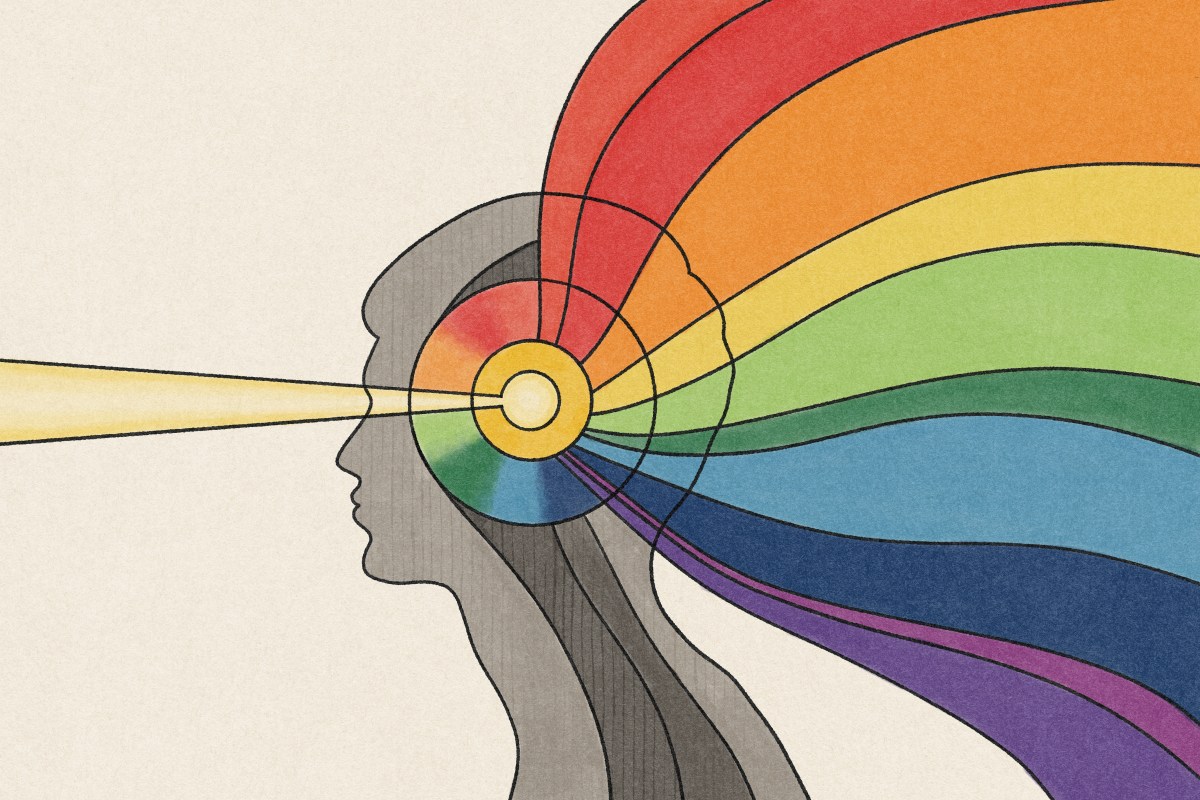 A kaleidoscopic illustration of colors bursting through someone's brain.
