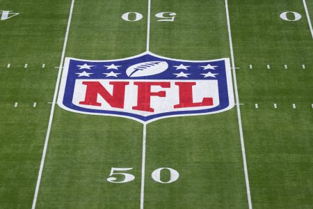 The NFL logo painted on the field prior to Super Bowl LVII.