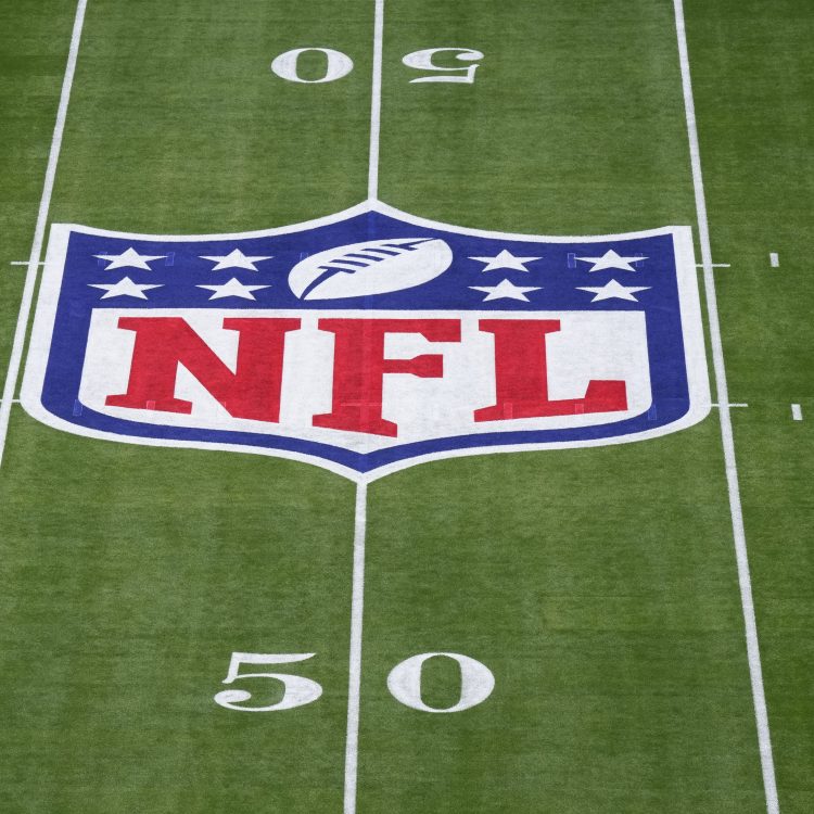 The NFL logo painted on the field prior to Super Bowl LVII.