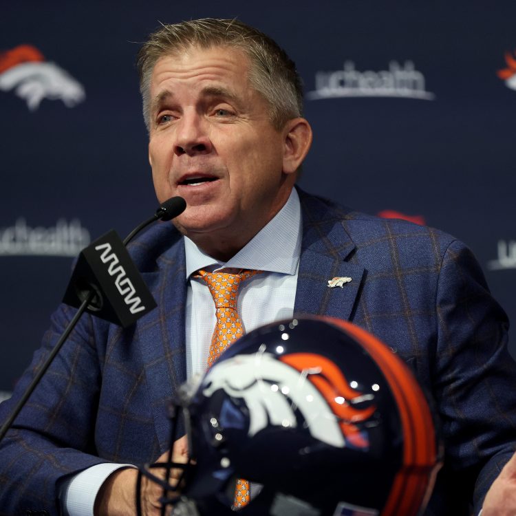 Denver Broncos head coach Sean Payton fields questions from the media.