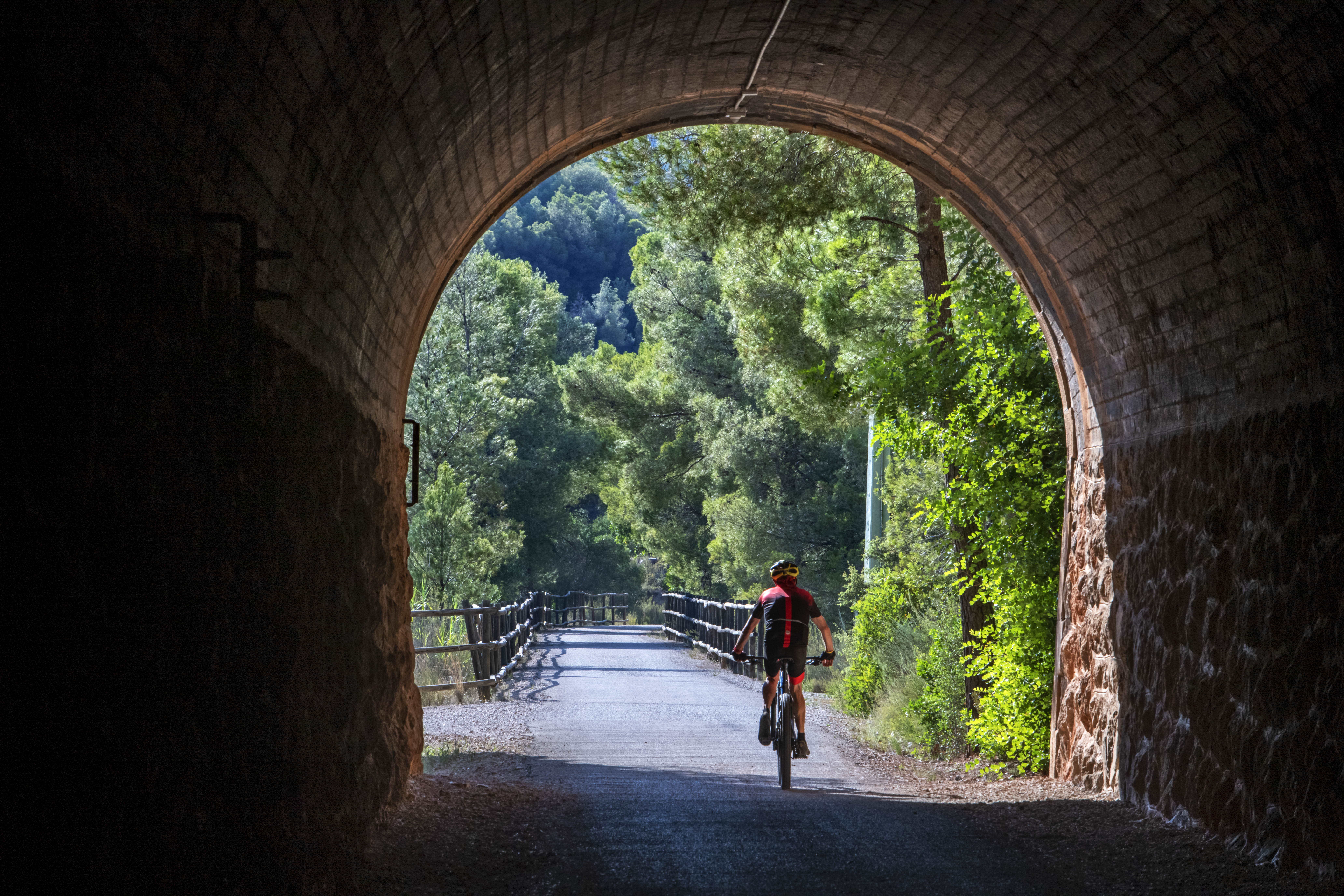 Cycling on the Val de Zafán greenway between Bot and Xerta villages (Tarragona, Catalonia, Spain).