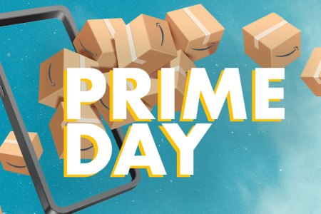 a bundle of Amazon boxes on a blue background with Prime Day text