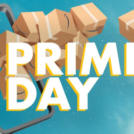 a bundle of Amazon boxes on a blue background with Prime Day text