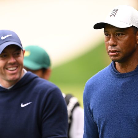 Rory McIlroy and Tiger Woods at the 2023 Masters Tournament.