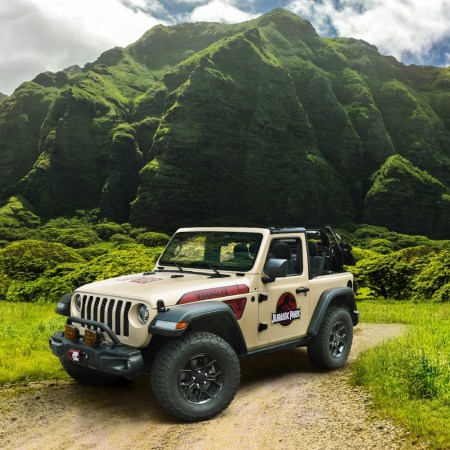 Jeep with graphics in grassy landscape.