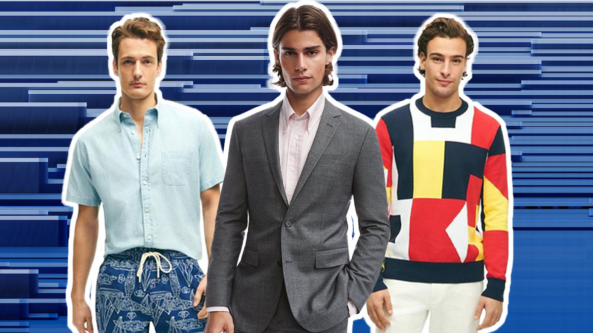 a collage of Brooks Brothers models on a blue background