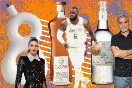 Kendall Jenner, LeBron James and George Clooney in front of the three celebrity tequilas they are involved with