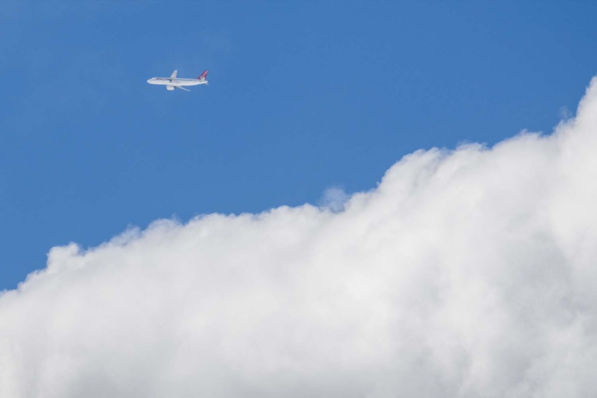 A Corendon plane in the sky above the clouds