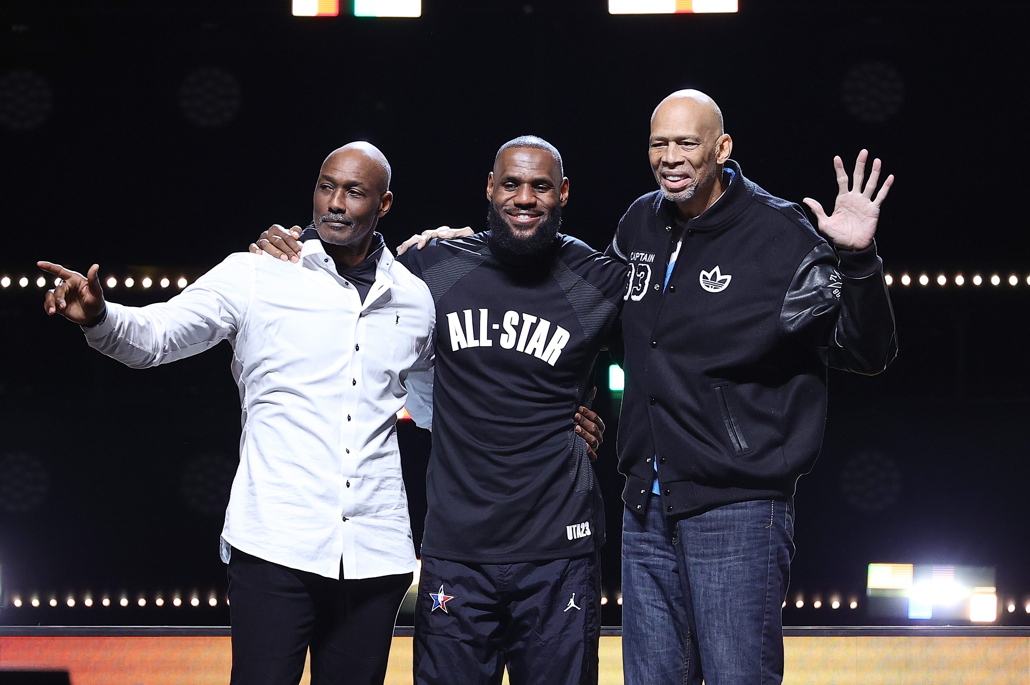Karl Malone, LeBron James and Kareem Abdul-Jabbar at the 2023 NBA All Star Game.