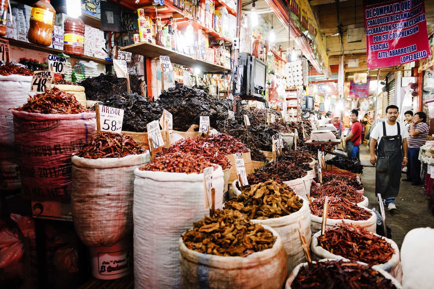 Bags of dried chillies at the Mercado de la Merced in Mexico City