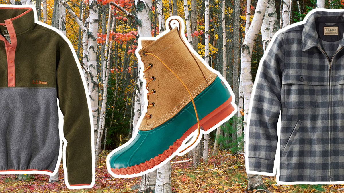 a collage of L.L. Bean products on a tree background
