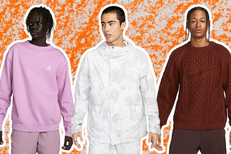 a collage of models wearing Nike gear on an orange background