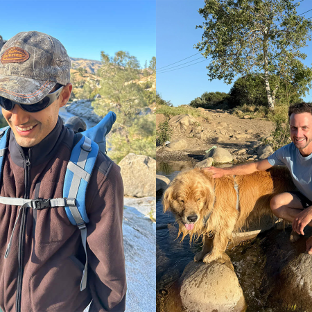 A man hiking in Outdoor Voices apparel.