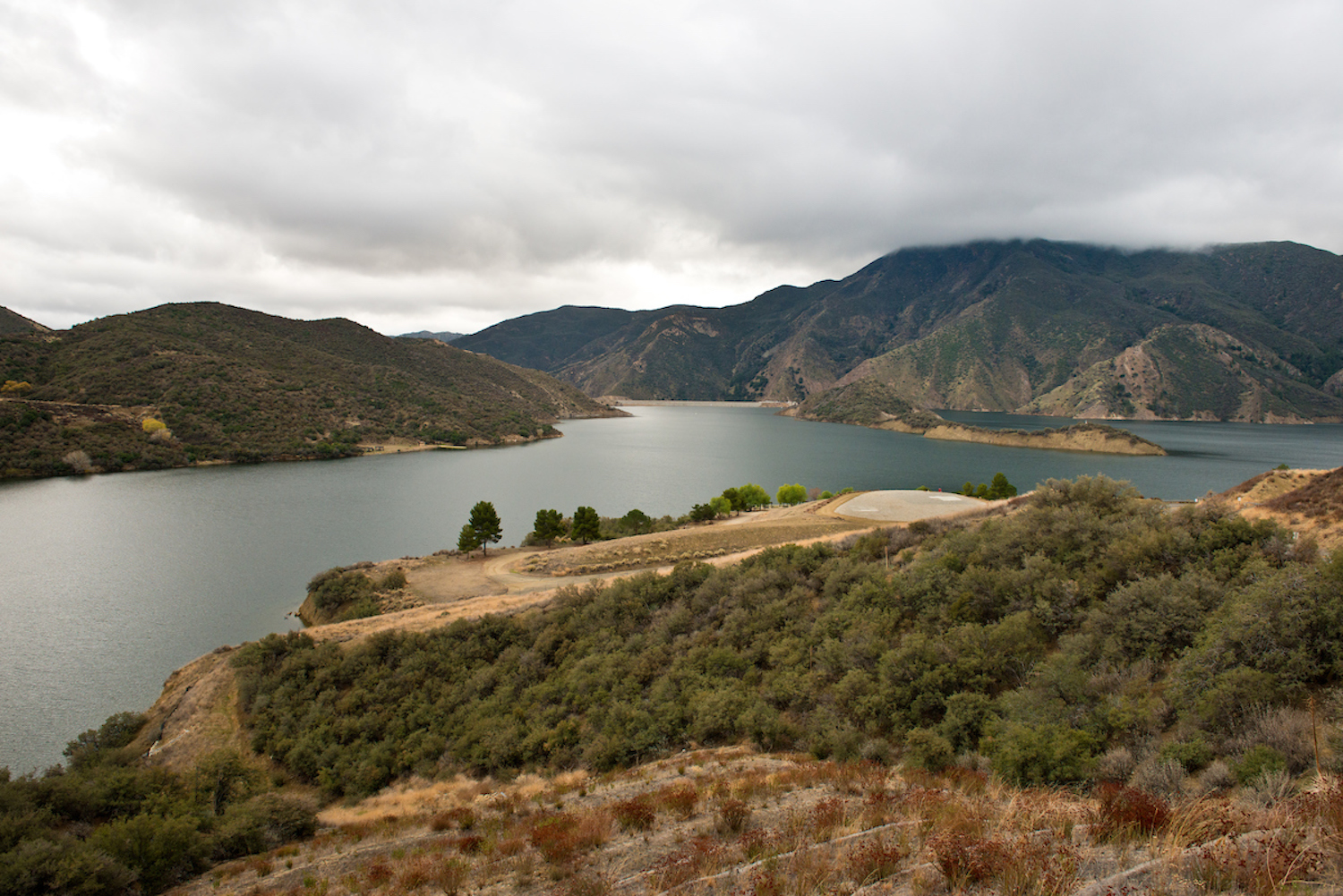 A view from the California Department of Water Resources Vista Del Lago Visitor Center located on a bluff overlooking Pyramid Lake in Los Angeles County.