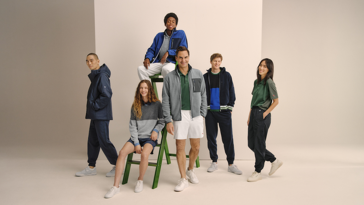 a collage of models wearing the Uniqlo x J.W. Anderson Roger Federer collab.