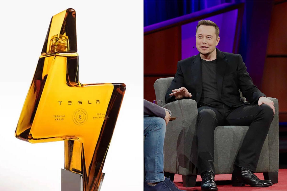 Two pictures side by side: Tesla tequila bottle and Elon Musk at the 2017 TED Conference
