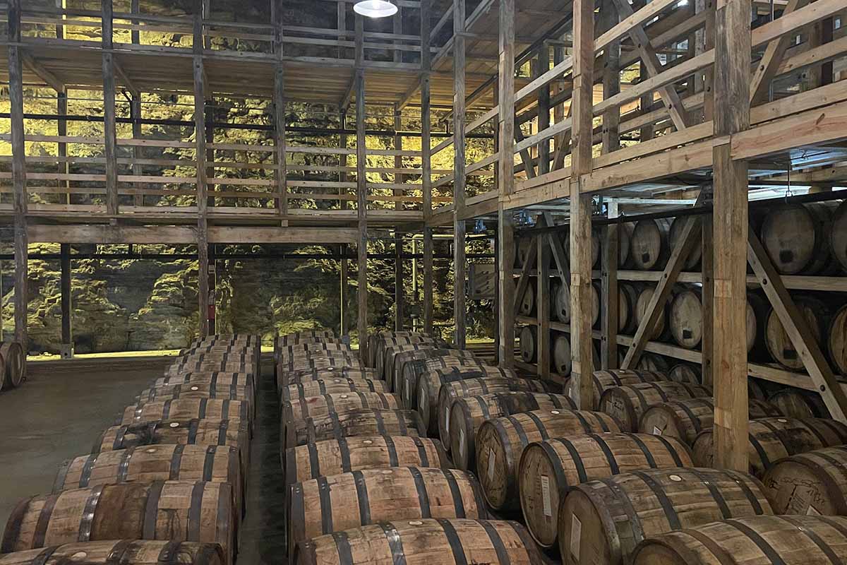 Barrels aging inside the new Maker's Mark limestone cellar
